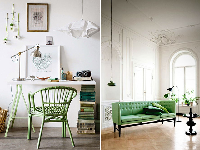 Thiết kế nội thất phòng làm việc và phòng khách với ghế đơn và ghế sofa xanh