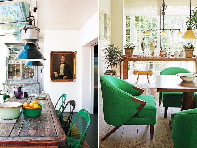 Thiết kế nội thất phòng ăn hiện đại với ghế màu xanh