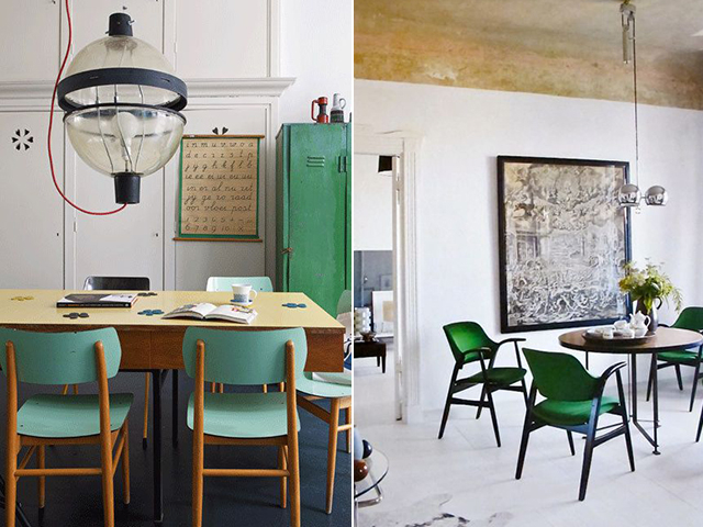 Thiết kế nội thất phòng ăn hiện đại với bộ ghế màu xanh lá 