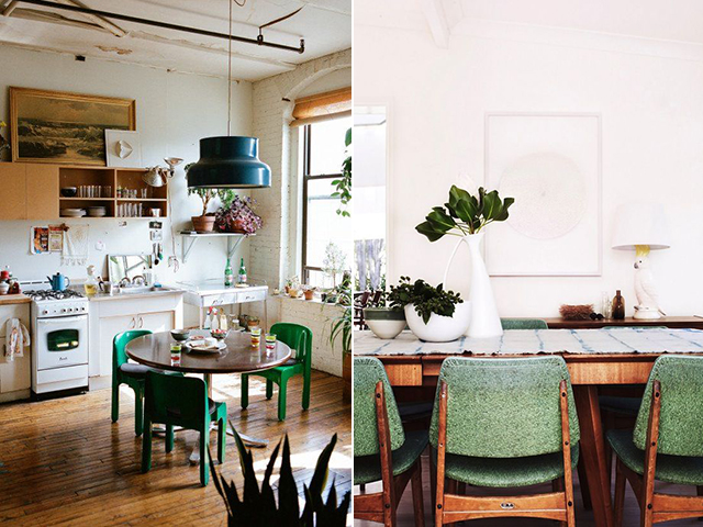 Thiết kế nội thất bàn ghế ăn màu xanh lá hiện đại bắt mắt