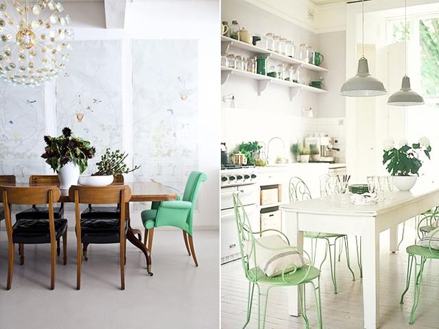 Thiết kế nội thất phòng ăn với những chiếc ghế xanh đẹp mắt