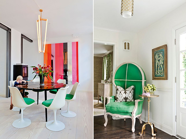 Sử dụng ghế tulip xoay và ghế thư giãn màu xanh đầy thú vị cho căn phòng
