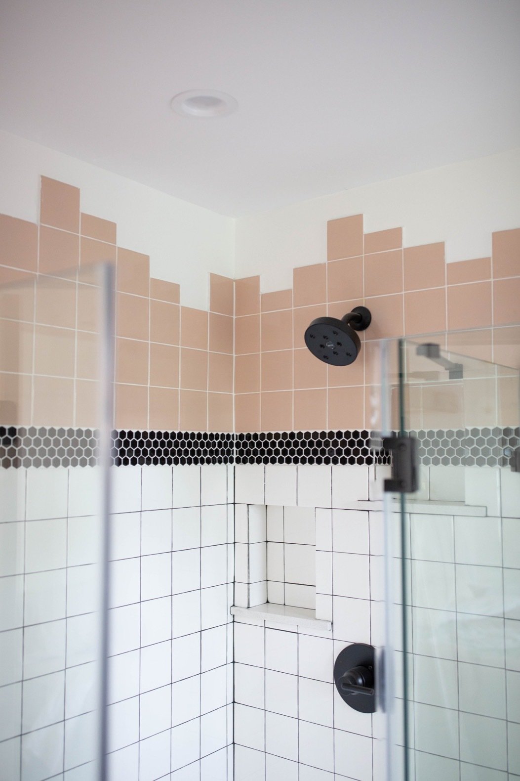 Bath Room, Recessed Lighting, Ceramic Tile Wall, Enclosed Shower, Full Shower, and Mosaic Tile Wall The tile was meticulously stacked, square upon square, to match the way it would have been installed in the 1950s. 